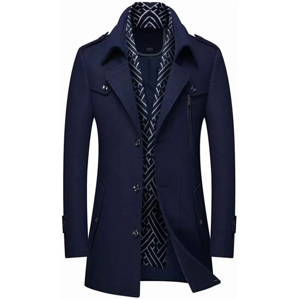 Men's Navy Wool Blend Coat Warm Winter Trench Coat With Detachable Soft Scarf